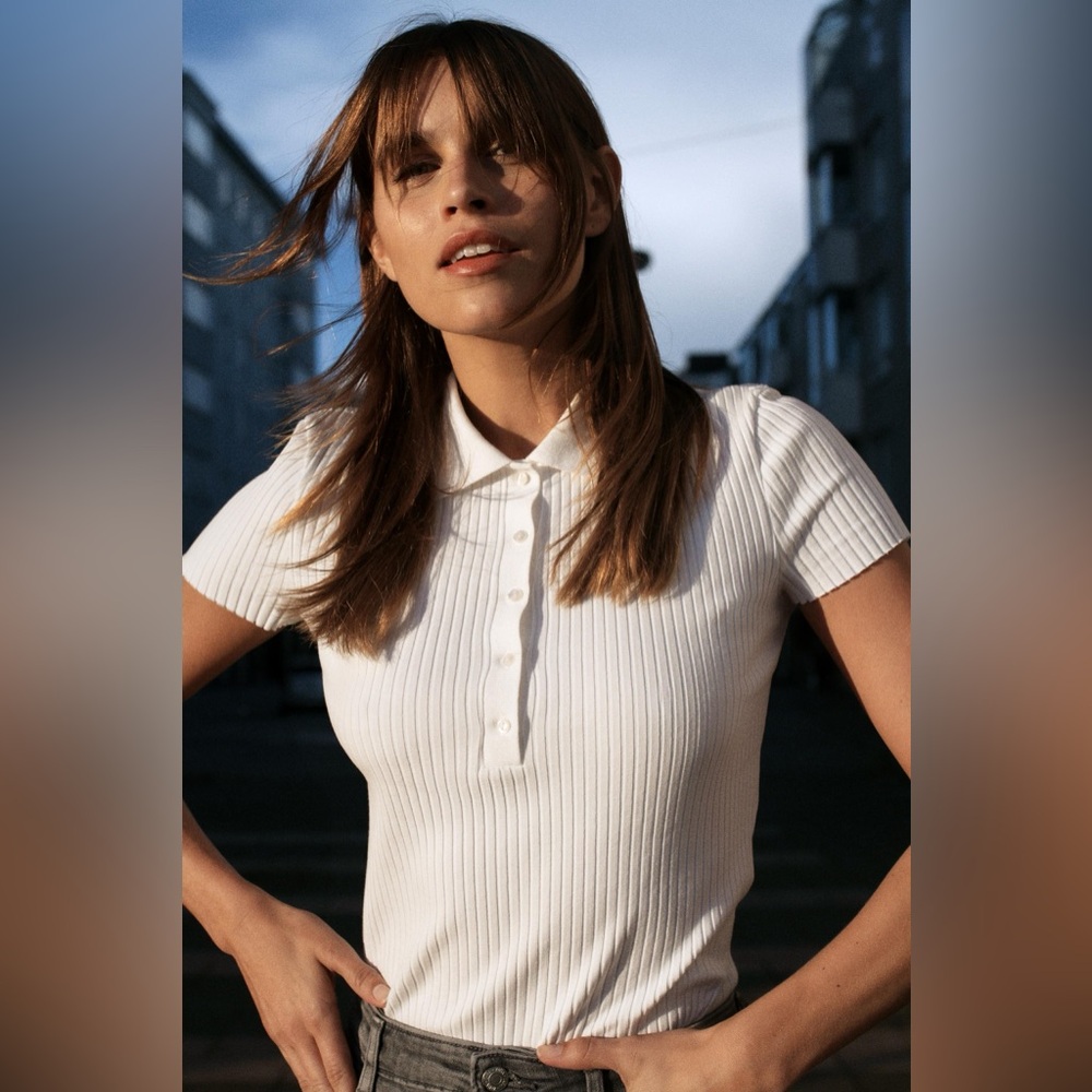 Zara White polo shirt with buttons down the front